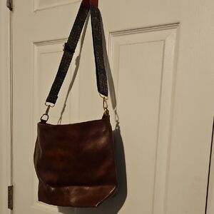 Leather Crossbody Bag with Patterned Strap - Brown